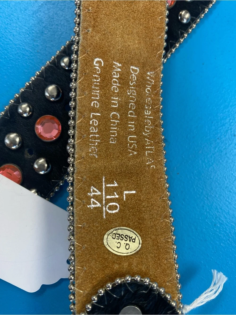 W b Atlas Black Hair-On Leather Belt with Pink Crystal Western Buckle